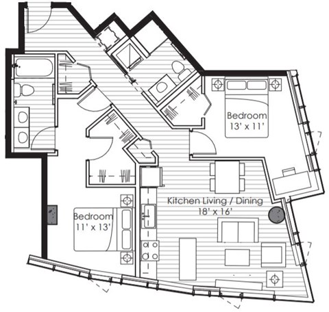 Floor plan for 2 beds, 2 baths, 1048 sqft
